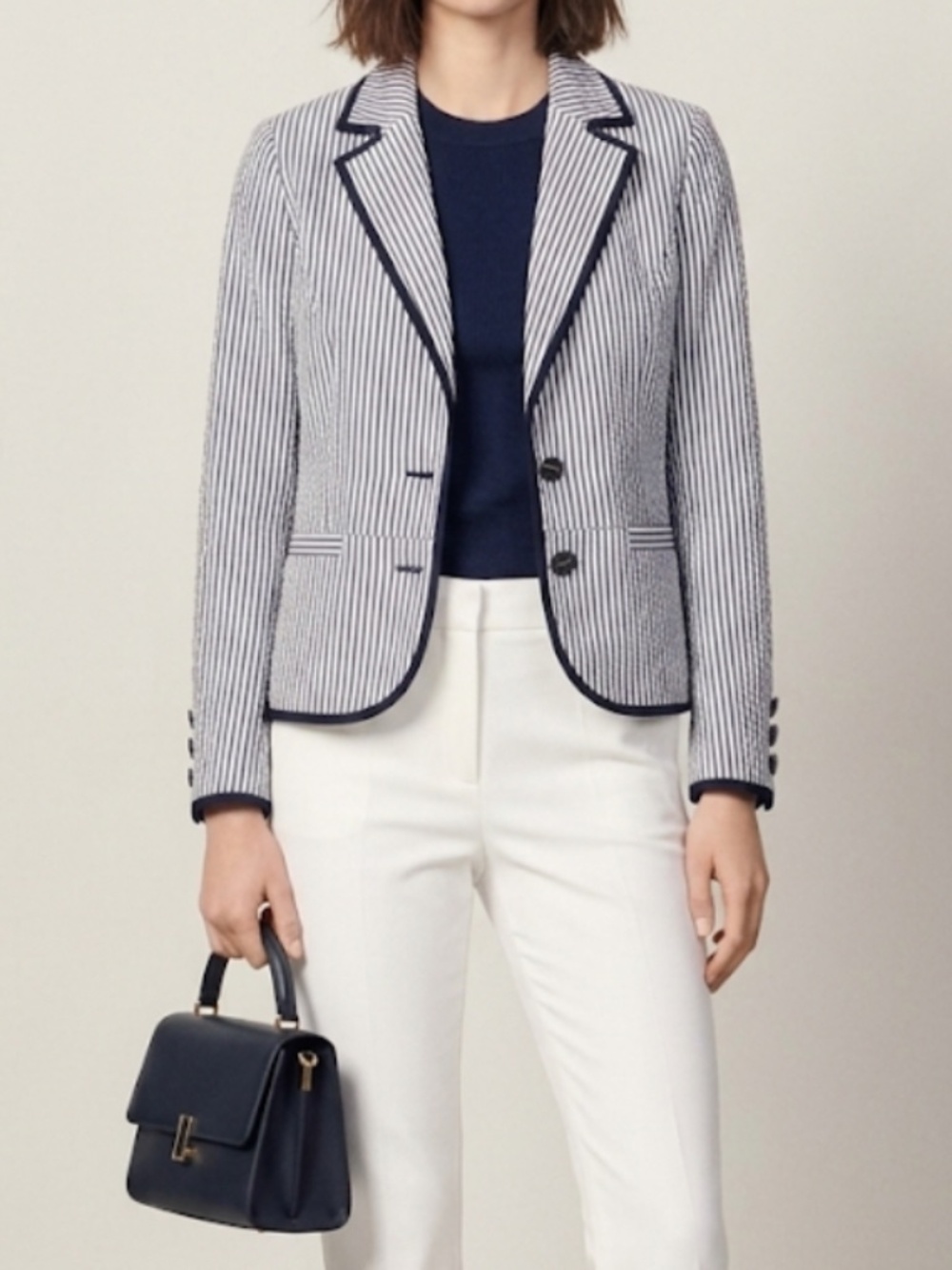 Sandro Cotton Blazer Blue White Stripe Nautical Styling Seersucker Jacket Large